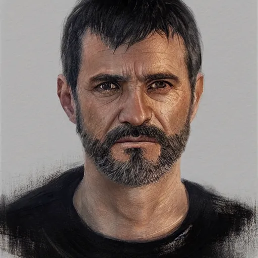 Image similar to Portrait of a man by Greg Rutkowski, he is about 40 years old, short black hair with bangs, his features are a mix between French, Turkish and Russian, dad vibes, he is wearing a white and black utility jumpsuit, highly detailed portrait, digital painting, artstation, concept art, smooth, sharp foccus ilustration, Artstation HQ.