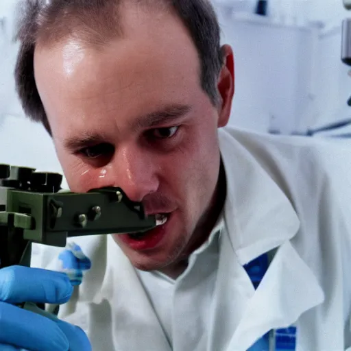 Image similar to filmic extreme close up shot movie still 4 k uhd interior 3 5 mm film color photograph of a scientist putting his hands into the mouth of a camouflaged solder in a lab in antarctica