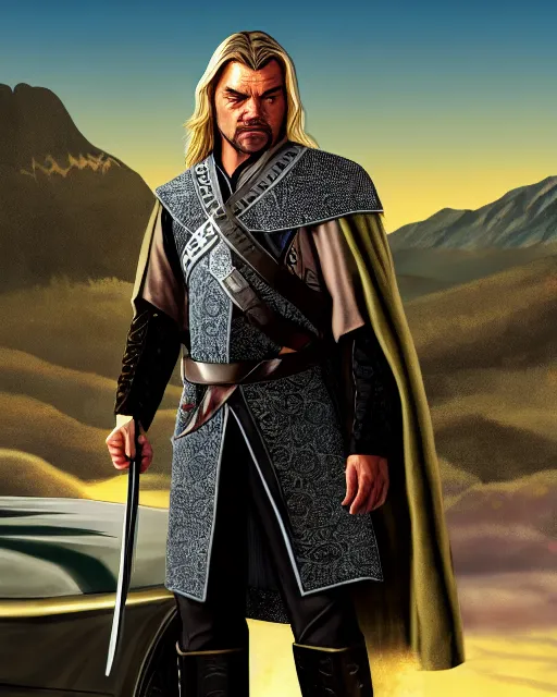Image similar to eomer from Lord of the rings in GTA V, Cover art by Stephen Bliss, boxart, loading screen, 8K resolution