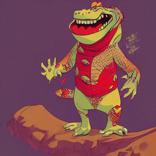 Image similar to in the style of artgerm, loish and ross tran, anthropomorphic alligator, red scales on his back, yellow scale on his belly and chest, male, waring a hawaiian shirt, in the style of zootopia