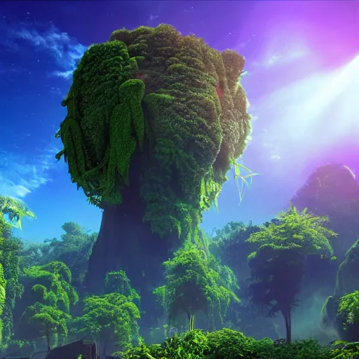 Image similar to cinema 4D colorful render, utopian jungle in space , a detailed zoned in human anatomy veins, nature, heavy green, dramatic lens flares, apes hanging from vines, a evil dark sun , depth field, unreal engine, sharp, incredible detail, professional composition, quality digital art, 4k, 4k concept art and hyper realism