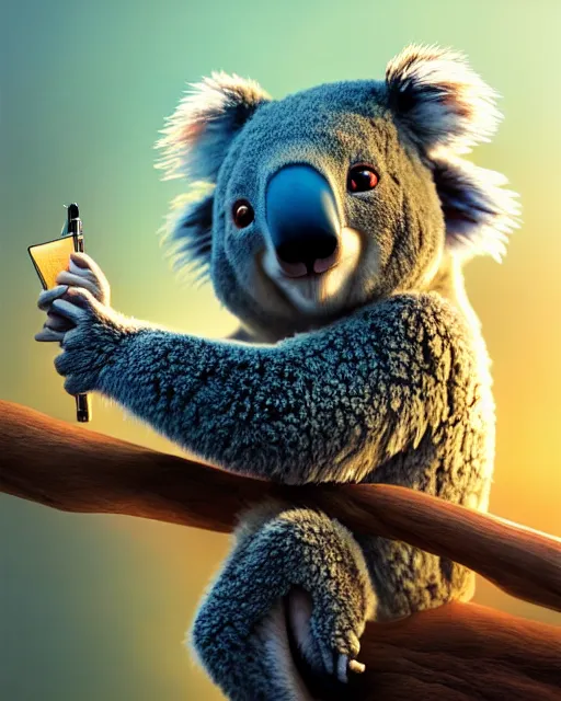 Prompt: movie still macro close photo of koala selling nft, by weta disney pixar greg rutkowski wlop ilya kuvshinov rossdraws artgerm octane render iridescent, bright morning, liosh, mucha