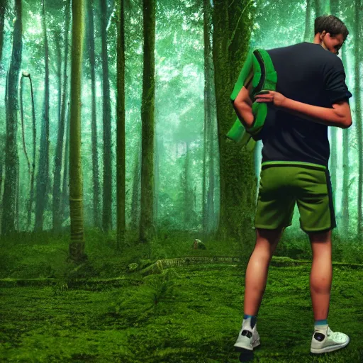 Prompt: sporty guy in acid-green sneakers, forest, jungle, rain, shot from the back, in perspective, concept art, cgsociety, octane render, trending on artstation, artstationHD, artstationHQ, unreal engine, 4k, 8k