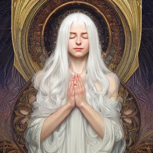 Image similar to god, white hair, long hair, hands spread out in prayer, intricate, elegant, ethereal, highly detailed, digital painting, artstation, concept art, smooth, sharp focus, illustration, art by artgerm and greg rutkowski and alphonse mucha