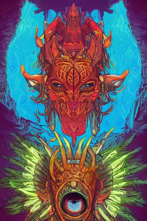 Image similar to totem animal tribal chaman vodoo mask feather gemstone plant video game illustration vivid color borderlands by josan gonzales and dan mumford radiating a glowing aura