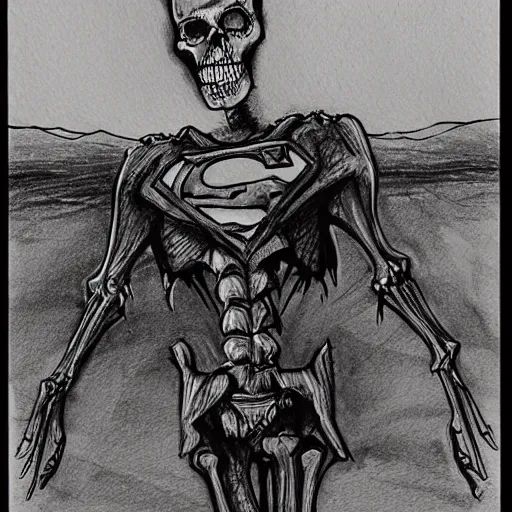 Image similar to black pen sketch of a superman zombie skeleton in a post - apocalyptic desert, the desert is in water color, elephant skull, pencil, intermediate art, paper art, pencil, bold lines, humans with apocalypse clothes on in the background, by an oil painter