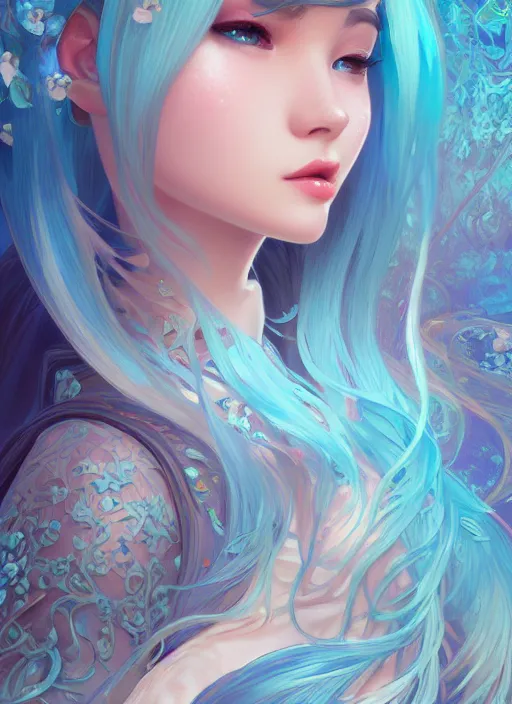 Image similar to beautiful girl with long turqoise hair, cute, intricate, highly detailed, digital painting, trending on artstation, concept art, smooth, sharp focus, backlit, rim light, vivid colors, illustration, unreal engine 5, 8 k, art by rossdraws and alphonse mucha