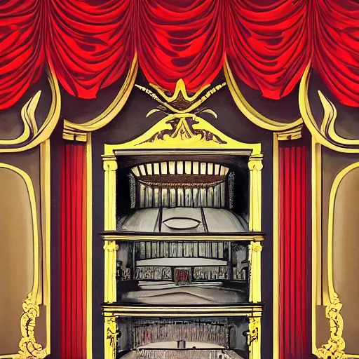 Prompt: photo of a mural of an opera house playbill from the early 1 9 0 0 s in the style of art nouveau, red curtains, art nouveau design elements, art nouveau ornament, opera house architectural elements, painted on a brick wall