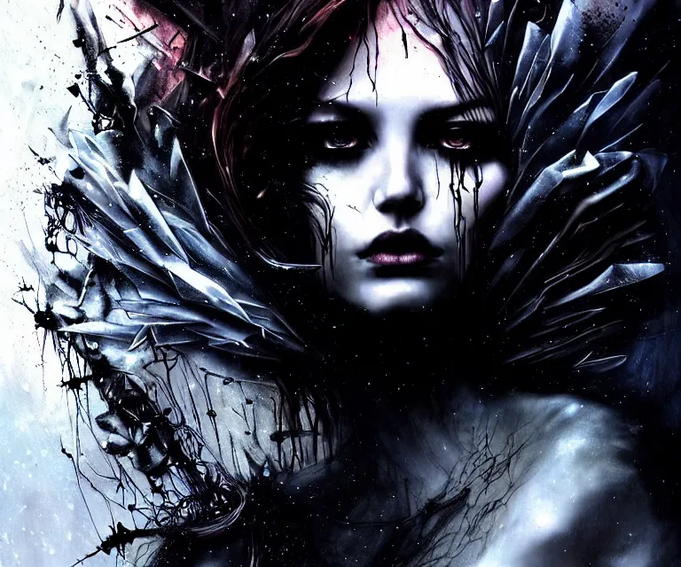 Prompt: stunning otherworldly gothic goddess of freewill, dark and mysterious, atmospheric, ominous, eerie, cinematic, epic, 8 k, ultra detail, ultra realistic, rendered by awesomeness. nights falling wind is blowwing snow is pilling concept art in style of carne griffiths artwork by xsullo. backround by elson, peter kemp, peter