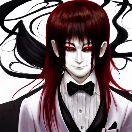 Prompt: full face shot of a butler with straight black hair and a red streak, long bangs, with black eyes, yellow pupils, creepy smile, alert, fancy bridegroom, ultra detailed, brush strokes, digital painting, cinematic, wlop artstation, pixiv, intimidating, deep darks, glare, evil, yoshitaka amano, junji ito,