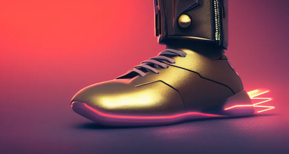 Prompt: realistic 3 d render of a cyberpunk android sneaker, beautiful studio lighting, soft, sharp focus, neon cyberpunk highlights, intricate detail, gold and red accents, soft rubber, octane render, side view, close up, trending on artstation, deviantart, moebius