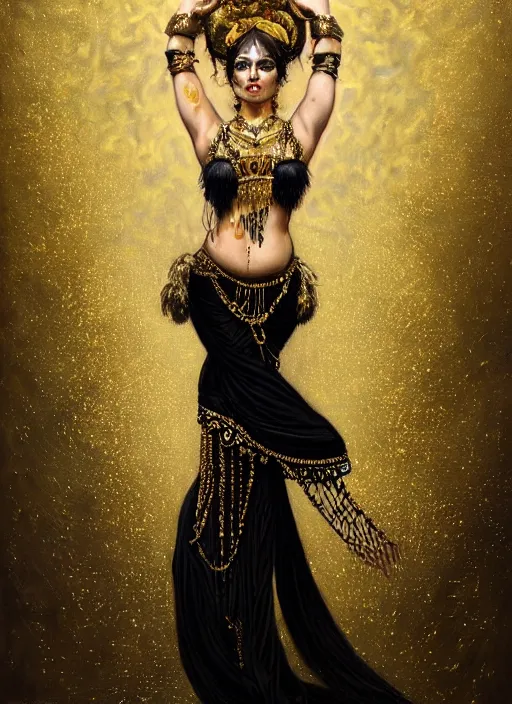 Image similar to highly detailed oil painting | very intricate | cinematic lighting | black, white and gold color scheme, dark background | tribalfusion bellydancer fully dressed by alexander mcqueen | by roberto ferri, by tom bagshaw, by singer sargent and klimt, american romanticism, occult art | by austin osman spare, artstation, cgsociety, official art, octane