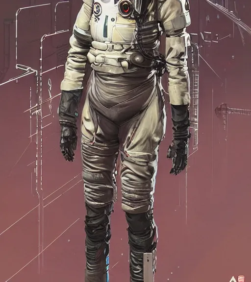 Image similar to realistic cyberpunk engineer with long limbs and a black spacesuit on a spacewalk, techwear, dead space, visible face, Industrial Scifi, detailed illustration, character portrait, by Ashley Wood and Moebius