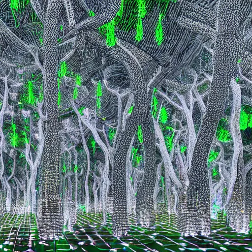 Prompt: trees made from densely detailed circuits and transistors, led, translucent pastel berk, hyperrealistic vfx render h 1 0 2 4
