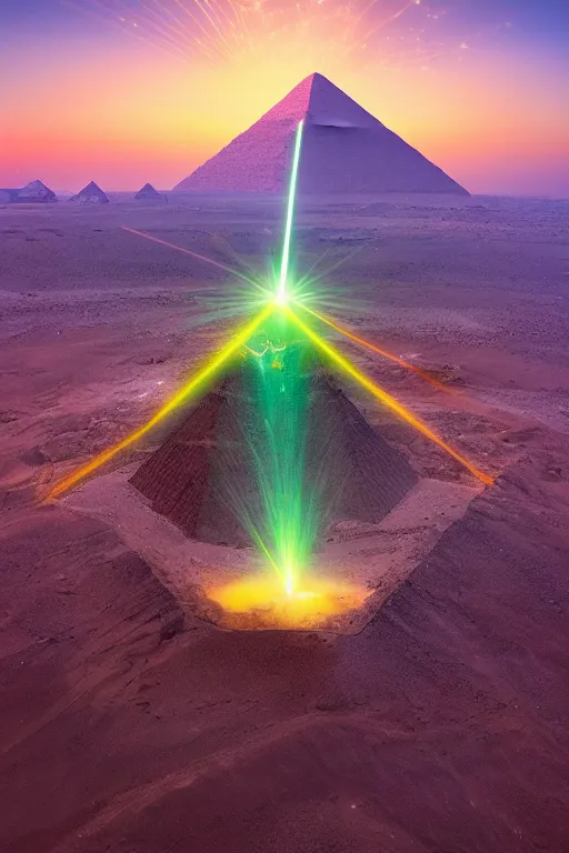 Image similar to egyptian pyramid is shooting tall laser beam in space from the top of the cone, photo by Marc Adamus,