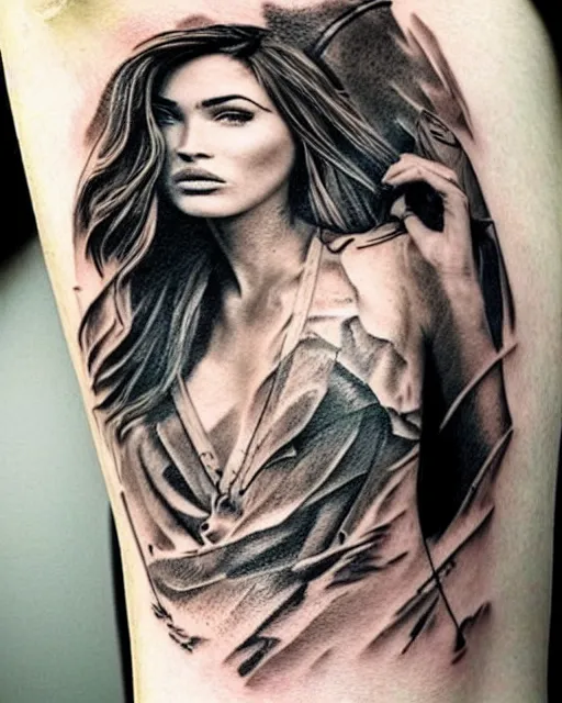 Image similar to creative double exposure effect tattoo design sketch of megan fox faded in beautiful mountain scenery, realism tattoo, in the style of matteo pasqualin, amazing detail, sharp