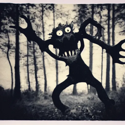 Prompt: night time picture of terrifying monster 👹 with lots of arms teeth and hair, monster attacking campers, polaroid photos, old photos, strange creatures hiding in the woods, no sun, no dof