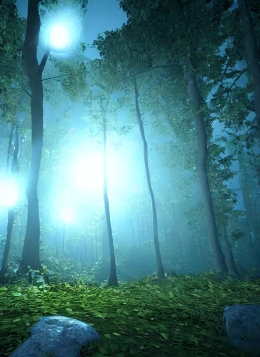 Prompt: strange lights in dark forest ; unreal engine ; wide angle ; highly detailed