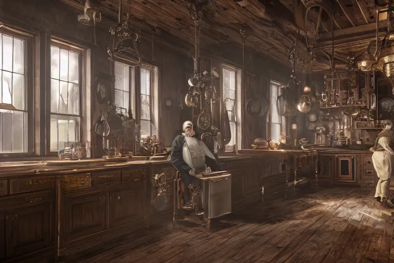 Image similar to [Benjamin Franklin is wearing an apron and cooking breakfast inside a steampunk kitchen], liminal space, high detail, rendered in unreal engine, 3d render, god rays, volumetric lighting, HDR, subsurface scatter, mansion, interior, large windows, rich house