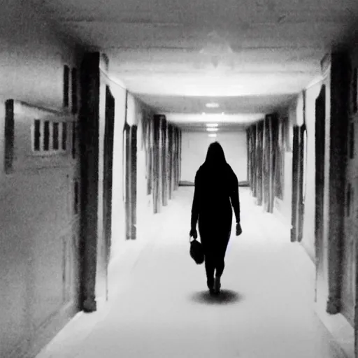 Prompt: In the bottom left corner of the picture of the long corridor, a woman's shoulder may be seen with her back to you. There is a shadowy figure down the corridor.