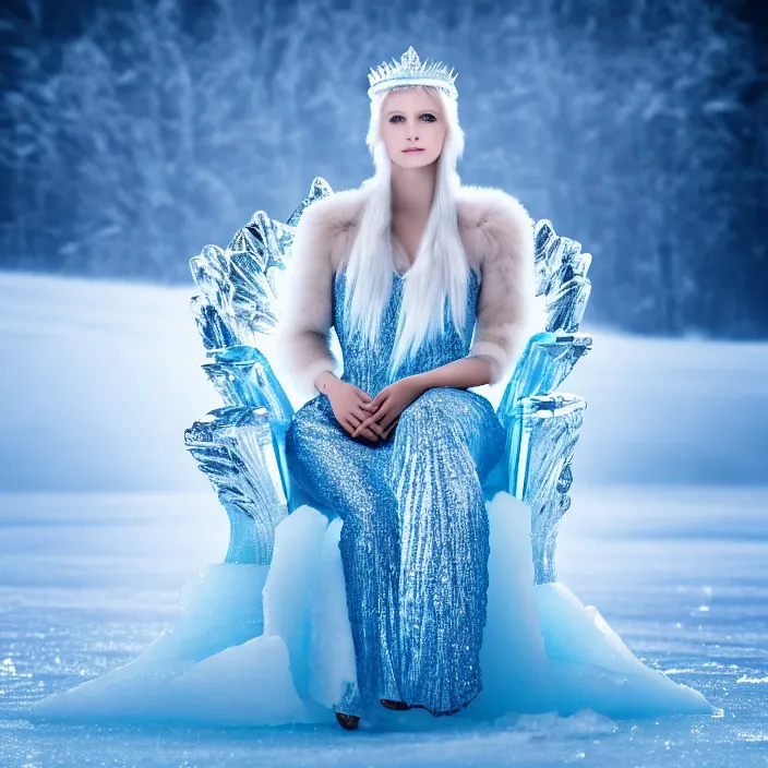 Image similar to photo of a very beautiful!! ice queen sitting on her ice throne highly detailed 8 k hdr smooth sharp focus high resolution award - winning photo