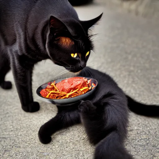 Prompt: a photo of a hungry black cat, 4 k, ƒ / 8, focal length : 3 6 mm,