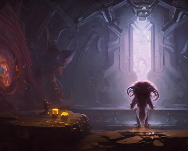 Image similar to a 4 k cinematic screenshot still portrait of a gremlin in a dark liminal space room surrounded by amber, deep focus, d & d, fantasy, intricate, elegant, highly detailed, digital painting, art station, concept art, matte, sharp focus, illustration, dark fantasy style art, hearthstone, art by artgerm and greg rutkowski and alphonse mucha