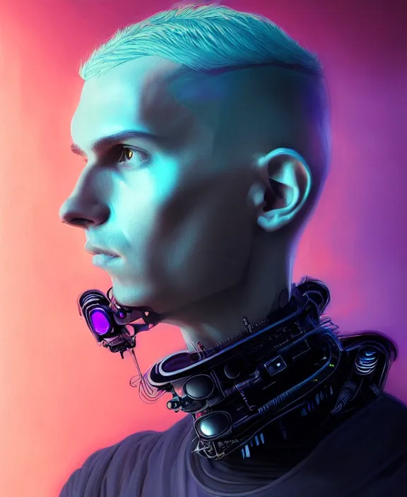 Image similar to a whirlwind inside the metaverse, guy, male, man, science, machine face, fashionable haircut, piercing, half body, neurochip, android, cyberpunk face, by loish, d & d, fantasy, intricate, elegant, highly detailed, colorful, digital painting, artstation, concept art, art by artgerm and greg rutkowski and alphonse mucha