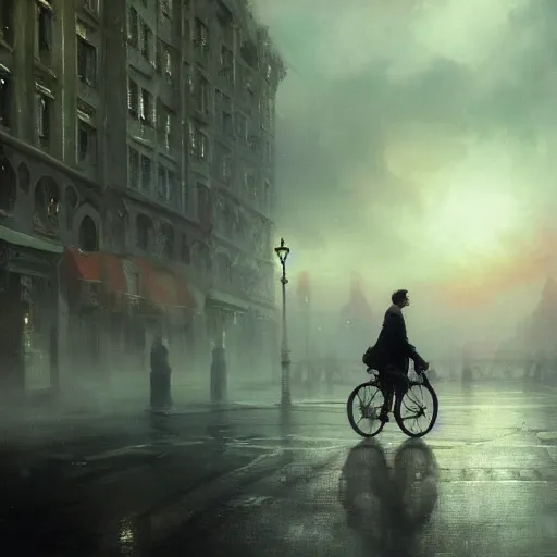 Image similar to cinematic shot epic portrait david tennant riding a bicycle in the streets, atmospheric, cloudy, broad light, ambient occlusion, volumetric light effect, made by ivan aivazovsky, peter mohrbacher, greg rutkowski, ross tran, matte painting, trending on artstation, 4 k, perfectly defined features, digital painting, cinematic, epic, highly detailed,