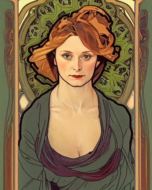 Image similar to a portrait painting of ( ( ( tilda swindon ) ) ) in the style of alphonse mucha!!!