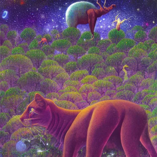 Prompt: psychedelic big cats hidden lush pine forest, outer space, milky way, designed by arnold bocklin, jules bastien - lepage, tarsila do amaral, wayne barlowe and gustave baumann, cheval michael, trending on artstation, star, sharp focus, colorful refracted sparkles and lines, soft light, 8 k 4 k