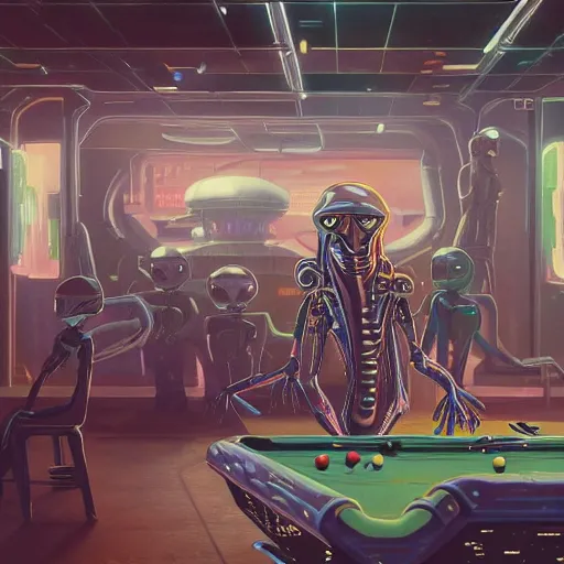 Image similar to attractive alien fan dancer on tabletop, inside used future tavern, pool table, jim henson creature shop, robots humans and extraterrestrials, inside a crowded space station, 1 9 8 0 s science fiction, 1 9 7 0 s science fiction, alien 1 9 7 9, cyberpunk, 3 d oil painting, depth perception, 4 k, artstation