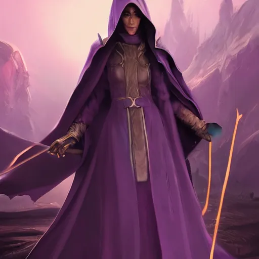 Image similar to female warlock long hood cloak purple, fighting monster with magic, 8 k, trending on artstation by tooth wu and greg rutkowski