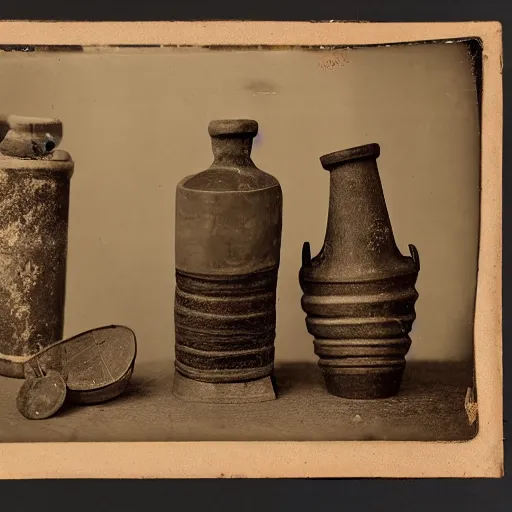 Image similar to Tintype photograph of primitive objects displayed in an ethnographic museum, archive material, anthropology, 1920s studio lighting.