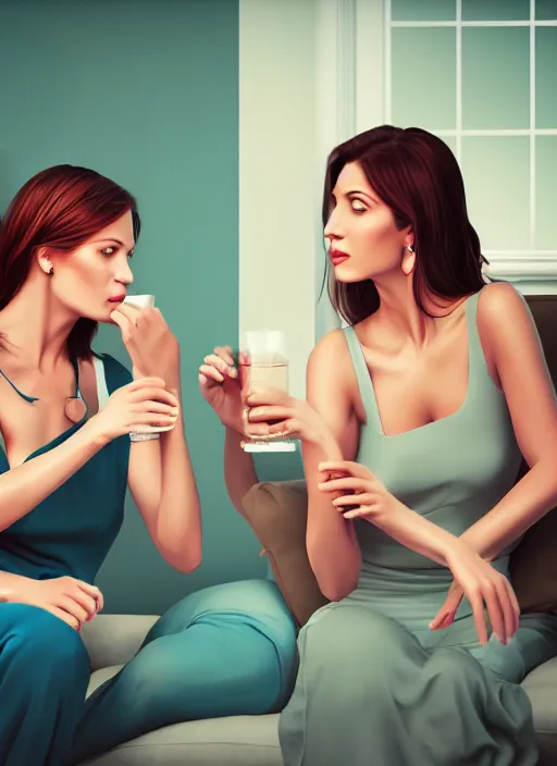 Image similar to two beautiful housewives in the living room on a hot summer evening, gorgeous faces, thick lines, cinematic lighting, detailed photorealistic digital art