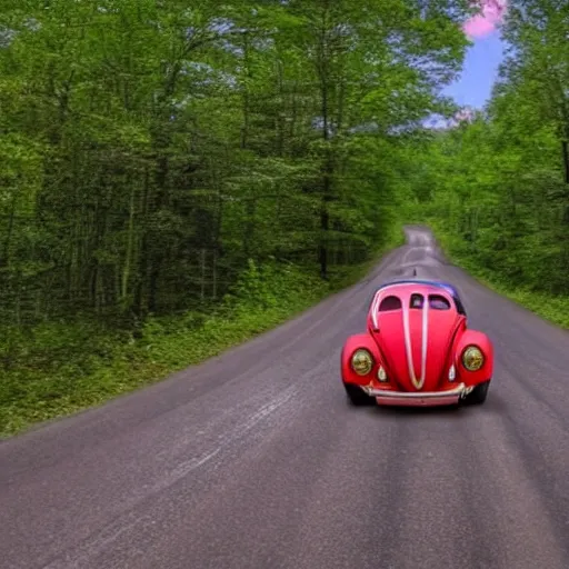 Image similar to promotional scifi - mystery movie scene of a ( volkswagen beatle ) and ladybug hybrid that's more ladybug. racing down a dusty back - road in smokey mountains tennessee. cinematic, 4 k, imax, 7 0 mm, hdr