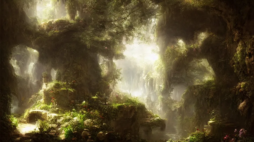 Prompt: hidden in the stone cavern is a secret garden. andreas achenbach, artgerm, mikko lagerstedt, zack snyder, tokujin yoshioka