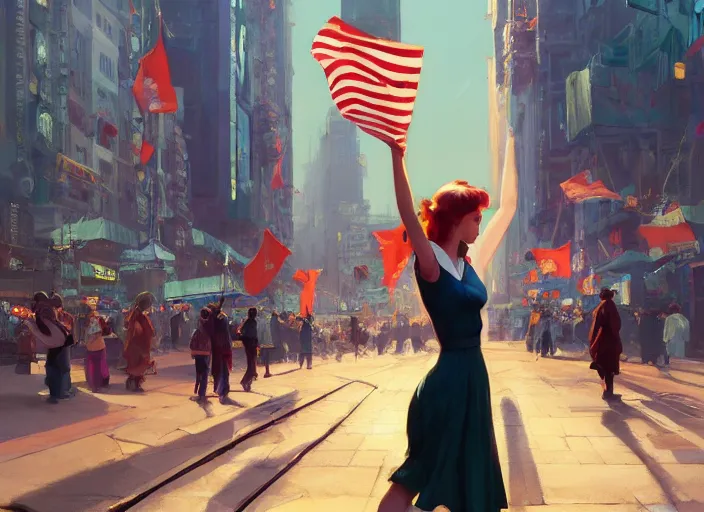 Image similar to gorgeous inspiring girl enthusiastically waving a red flag over her head to lead people in a Mandelbrot fractal bustling utopian NY by Craig Mullins, ilya kuvshinov, krenz cushart, artgerm trending on artstation by Edward Hopper and Dan Mumford and WLOP and Rutkovsky, Unreal Engine 5, Lumen, Nanite, low poly
