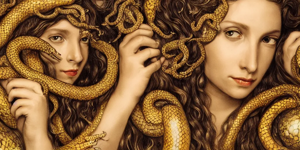 Image similar to realistic portrait of beautiful medusa with her snakes, golden, delicate, facing camera, hyper realism, 1 4 5 0, ink, ultra realistic, 8 k