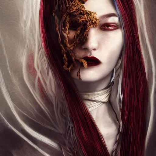 Image similar to portrait of a Shibari rope wrapped face and neck, headshot, insanely nice professional hair style, dramatic hair color, smoke, digital painting, of a old 13th century, traveler, amber jewels, baroque, ornate clothing, scifi, realistic, hyperdetailed, chiaroscuro, concept art, art by Franz Hals and Jon Foster and Ayami Kojima and Amano and Karol Bak,