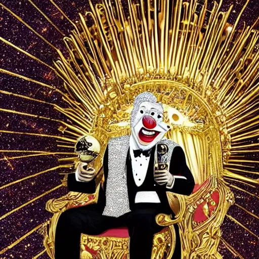 Image similar to cartoon of a shining majestic throne made of millions of diamonds, gold and zaphires with thousands of light reflections, and a clown on a tuxedo suit is sitting on the throne while handing a golden globe, dramatic light