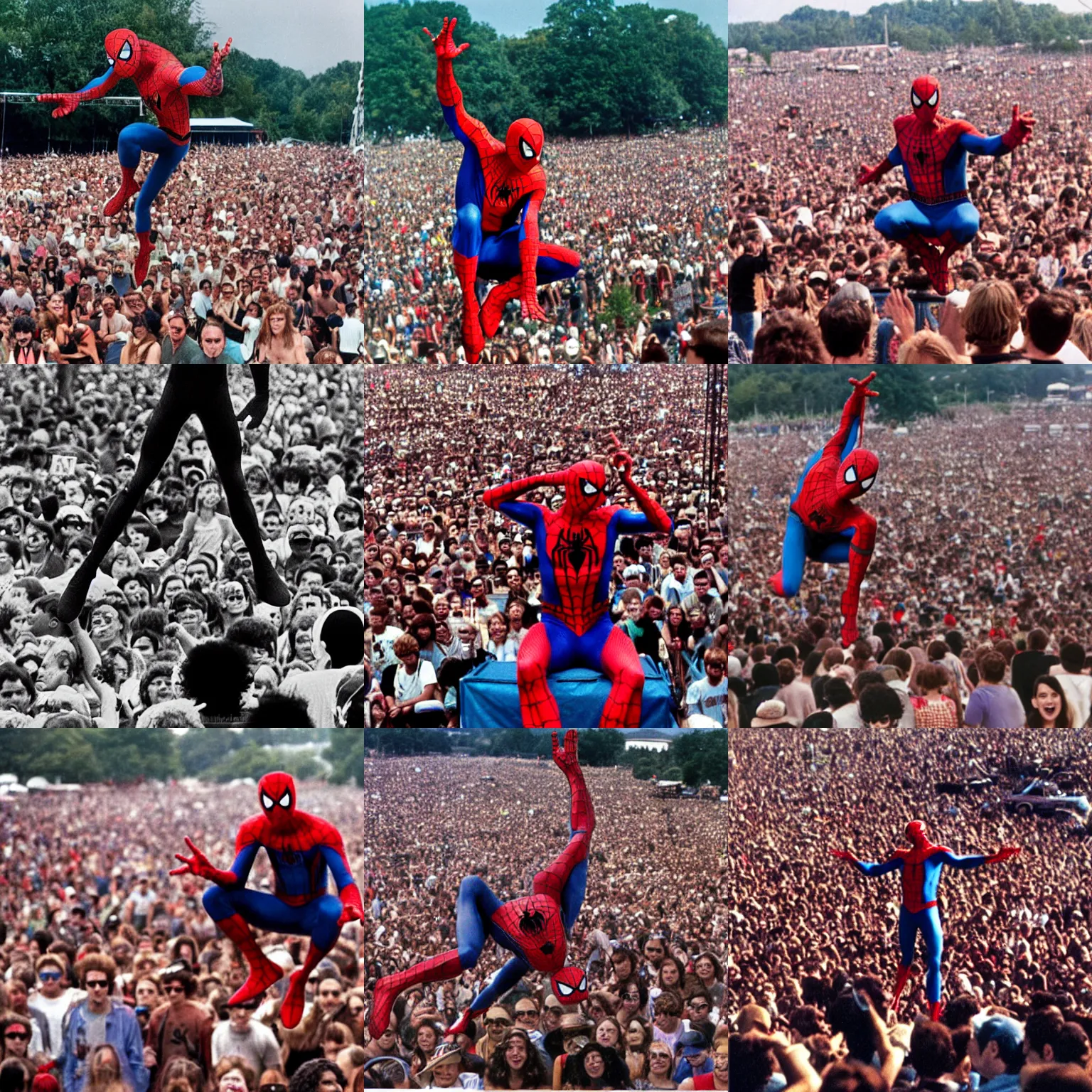 Image similar to spiderman perfoming at woodstock, crowd of people