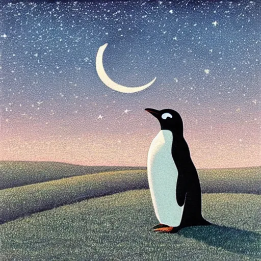 Prompt: a penguin, moon, grassland, starry sky ,artwork by Quint Buchholz .