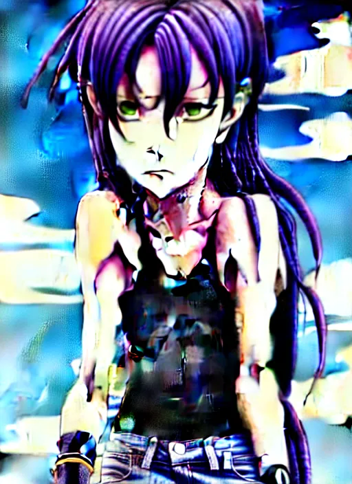 Image similar to style of madhouse studio anime, rei hiroe black lagoon manga, loish, artgerm, joshua middleton comic art, portrait of revy from black lagoon, purple hair, symmetrical eyes and symmetrical face, jean shorts, white tank top, waist up, sarcastic evil smirk on face, natural lighting, sky and ocean background