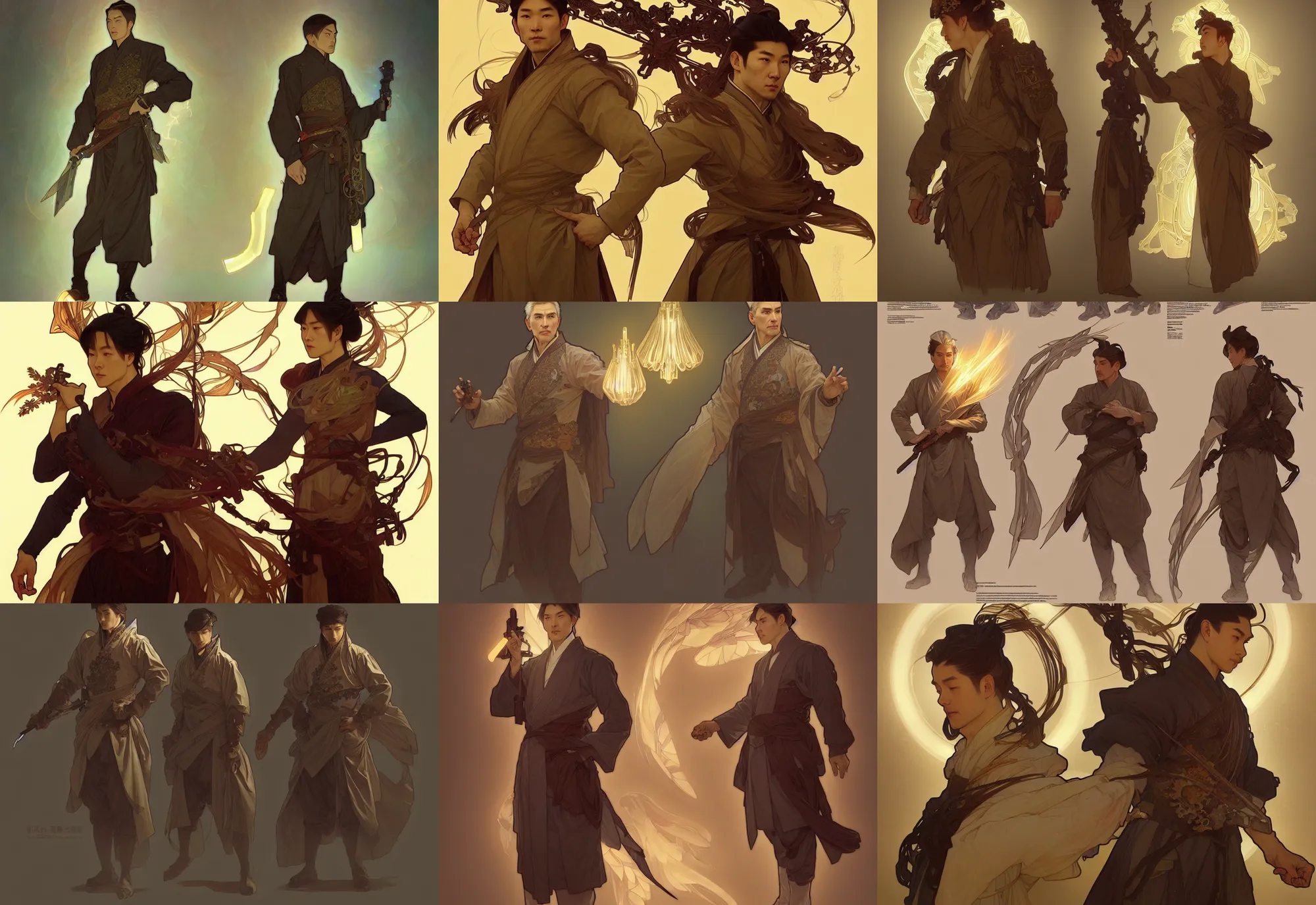 Image similar to a digital concept ar by artgerm and greg rutkowski and alphonse mucha. full body!! t pose!! clear portrait of a lonely attractive elder man in uniform of tang dynasty!! tang dynasty weapon, light effect. hyper detailed, character concept, glowing lights!! intricate, elegant, digital painting, artstation, smooth, sharp focus