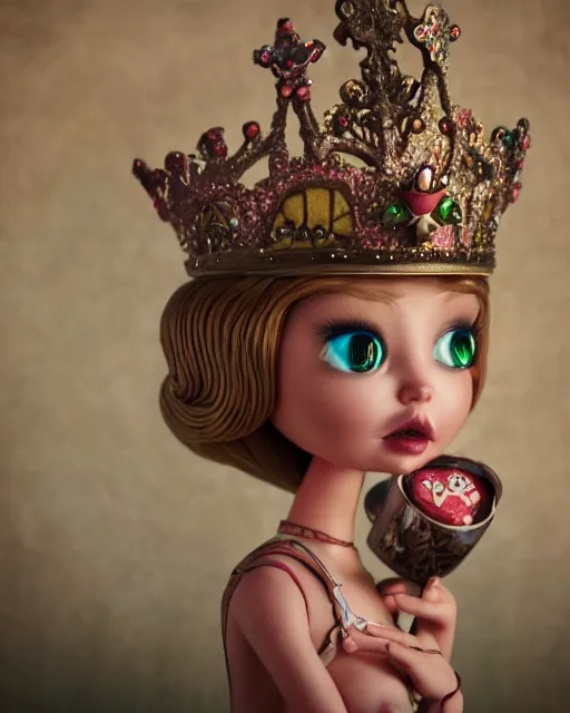 Image similar to closeup face profile portrait of a tin toy fairytale princess wearing a crown eating cakes, bikini, depth of field, zeiss lens, detailed, symmetrical, centered, fashion photoshoot by nicoletta ceccoli, mark ryden, lostfish, hyperrealistic, octane render