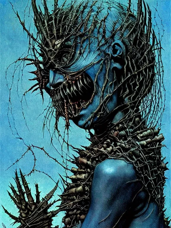 Image similar to A creepy armored horned fanged demon woman with blue scarred skin wrapped in barbed wire. Extremely high detail, realistic, fantasy art, solo, bones, masterpiece, saturated colors, art by Zdzisław Beksiński, Arthur Rackham, Dariusz Zawadzki