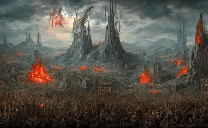 Image similar to a detailed matte painting of the most disturbing depiction of hell, in the style of dantes inferno, trending on artstation, highly detailed, digital painting, concept art, unreal engine, 4 k wallpaper