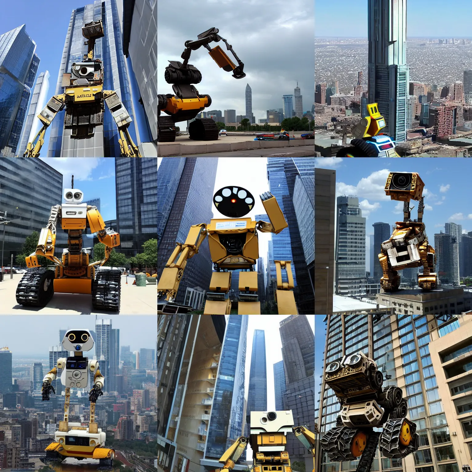 Prompt: giant wall - e robot builds skyscraper