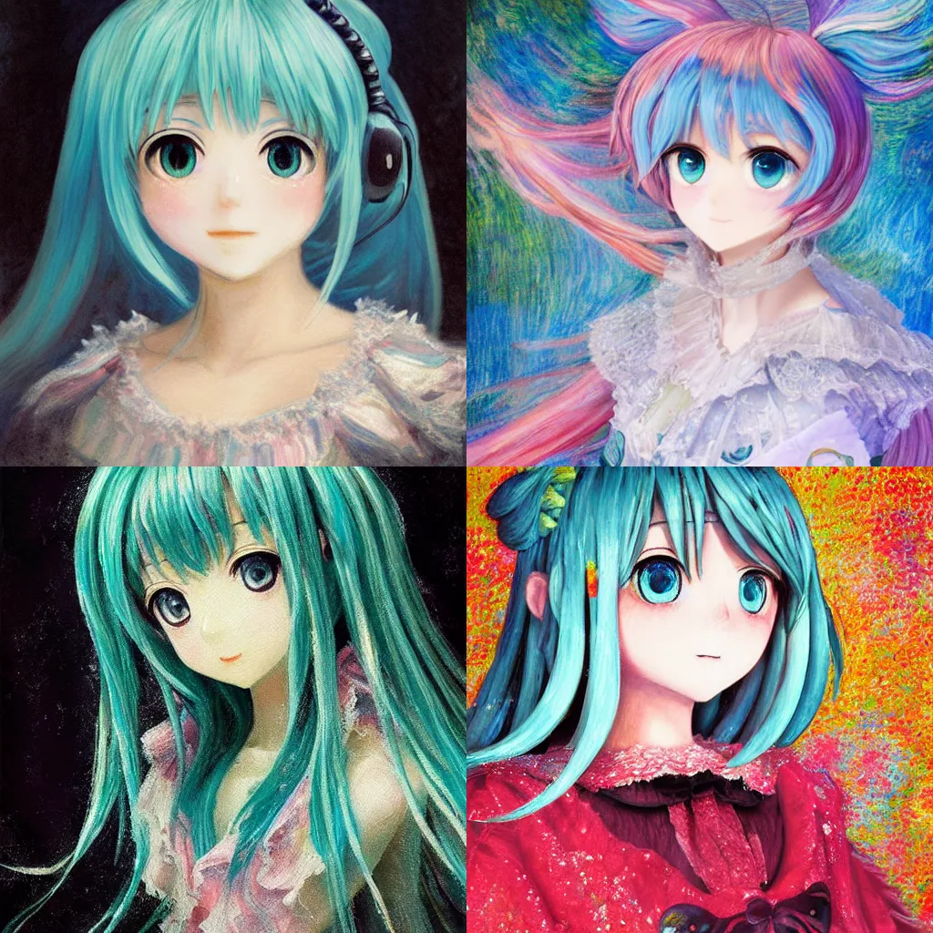 Prompt: A delicate, soft and highly detailed painting of Hatsune Miku with sparkly googly anime eyes, chiaroscuro, masterpiece painted by Claude Monet, post-impressionism, thick impasto technique, paint-on-glass painting, pastel oil inks, very ethereal, vantablack chiaroscuro, paint-on-glass painting, oil inks, very ethereal, silver light, nacre colors